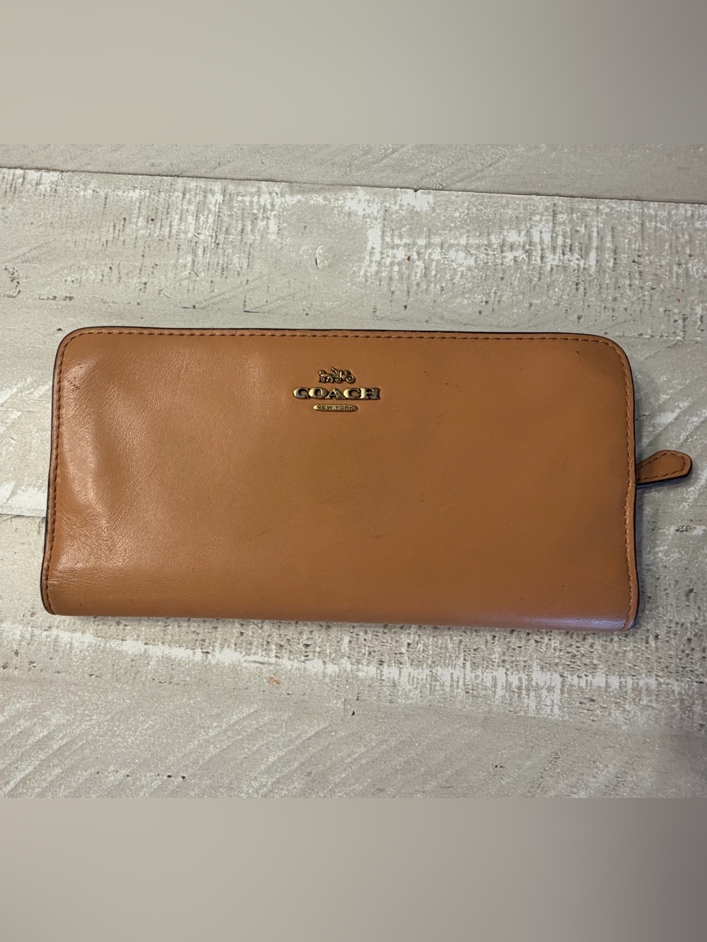 COACH Tan Leather Continental Wallet with Gold Logo